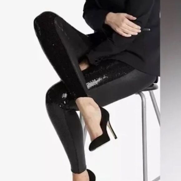SPANX faux leather sequin black size small petites leggings NWOT - Picture 3 of 13